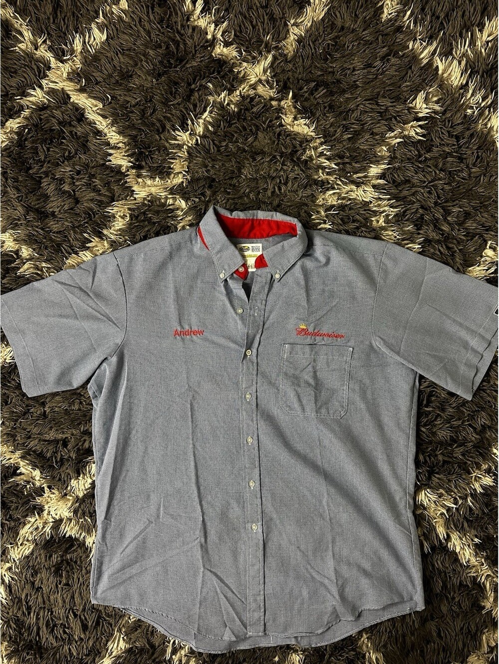Vintage Riverside Budweiser Work Shirt Mens XL Short Sleeve Andrew Blue USA